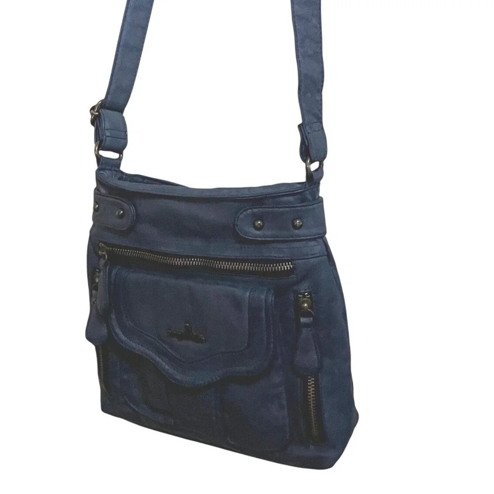 Angel Kiss Crossbody Bag Medium Blue Embossed Paisley Multi-Pocket Hobo Purse